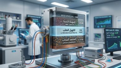 نموذج لبطارية الحالة الصلبة الحديثة داخل مختبر تقني متطور لعام 2026