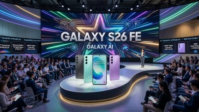 هاتف سامسونغ غالاكسي S26 FE الذكي الجديد مع شعار الذكاء الاصطناعي Galaxy AI.
