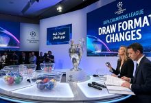 مراسم قرعة دوري أبطال أوروبا مع الشاشات التوضيحية للتغييرات الجديدة وكأس البطولة.