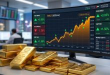 سبائك ذهبية متراصة مع شاشة تحكم تظهر رسم بياني صاعد لأسعار الذهب بالدولار ومؤشرات الأسواق المالية.