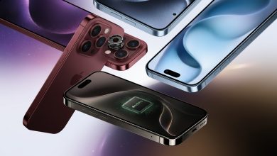 تصميم تخيلي مسرب لهاتف iPhone 18 Pro يظهر تقليص Dynamic Island، وكاميرا بفتحة متغيرة، ومعالج A20 Pro بمعمارية 2 نانومتر، بالألوان العنابي والأزرق الفاتح.