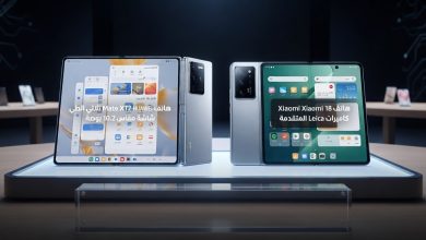 هاتفا Huawei Mate XT2 ثلاثي الطي وXiaomi 18 Fold المعروضين على منصة عرض تقنية حديثة.