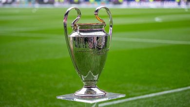 كأس بطولة دوري أبطال أوروبا اللامع موضوع على قاعدة شفافة داخل أرضية الملعب الخضراء.