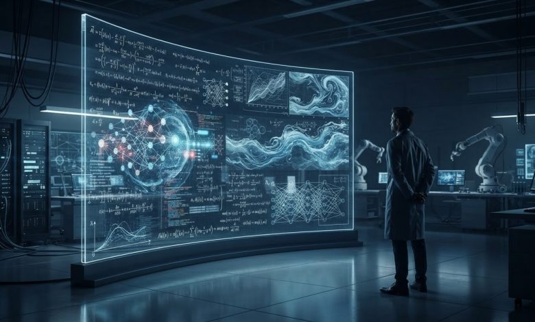 عالم يقف أمام شاشة بيانات ضخمة تعرض خوارزميات معقدة، شبكات عصبية، ورسوم بيانية لحلول الذكاء الاصطناعي في مختبر أبحاث متطور.