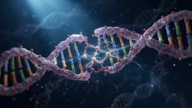 تصوير توضيحي لجزيئي DNA وهما يتقاربان ويتشابكان بمساعدة أيونات المعادن