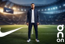 كيليان مبابي في منتصف الصورة بين شعار نايكي وشعار On بعد انتقاله من شراكته الطويلة مع نايكي إلى العلامة الرياضية السويسرية الجديدة.