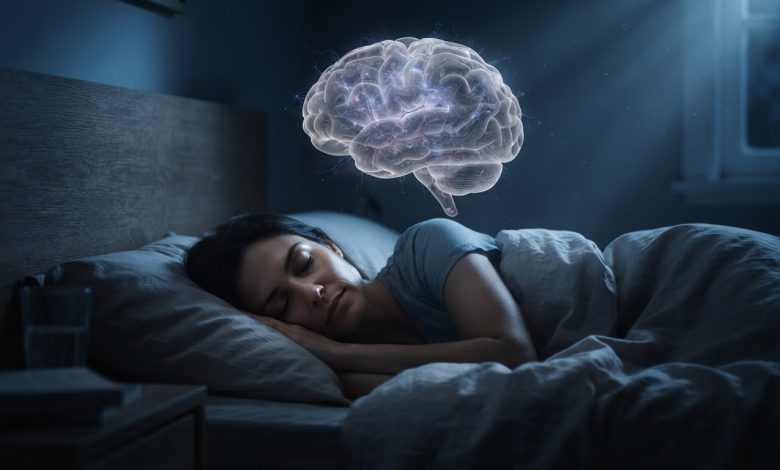شخص نائم أثناء الليل مع تصوير توضيحي واقعي للدماغ ونشاط الخلايا العصبية خلال مرحلة نوم حركة العين السريعة REM، مع إظهار تدفق الدم داخل الدماغ والطاقة التي تستهلكها الخلايا العصبية أثناء الأحلام.