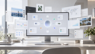 واجهة تقنية حديثة تمثل وكيل الذكاء الاصطناعي Dots من OpenAI مع شاشة مركزية متصلة بعدة تطبيقات وخدمات رقمية