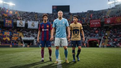 صورة واقعية تجمع إيرلينغ هالاند وجواو فيليكس وجيلبرتو مورا في أجواء ملعب كرة قدم ضمن تقرير عن أحدث أخبار وتحركات سوق الانتقالات الأوروبية.